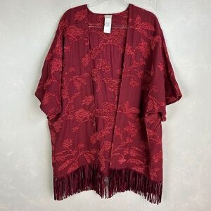 Chicos size L/XL ruana kimono Chenille floral jacquard burgundy fringe trim